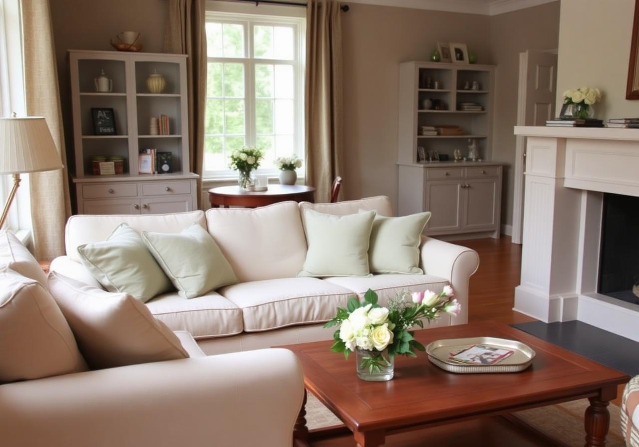 Cozy furnished living room with sage pillows and fresh flowers