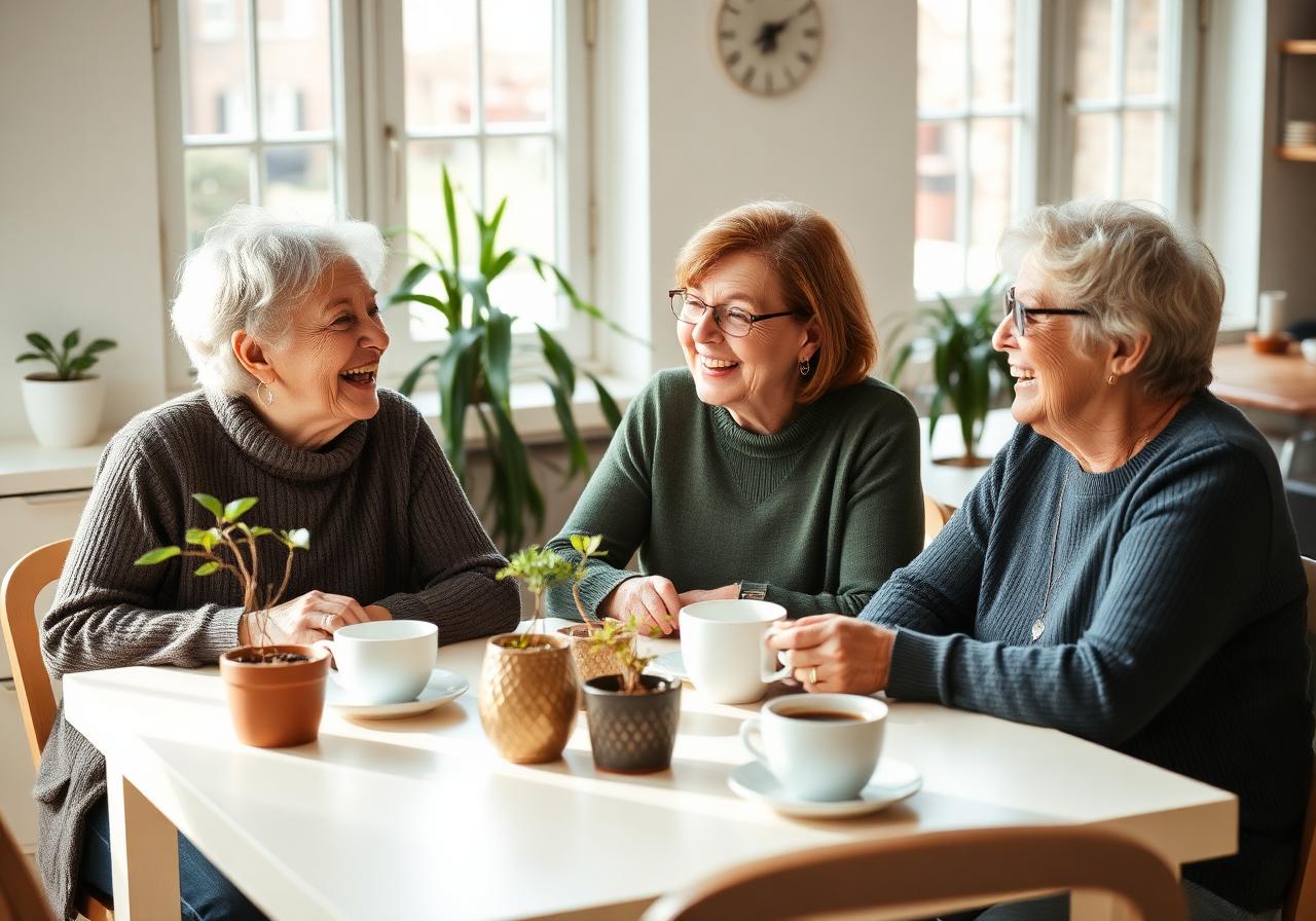 Three women laughing together over coffee
